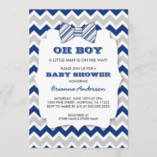 Invitación OH BOY Bow la ducha de bebé / chevron gris marino
