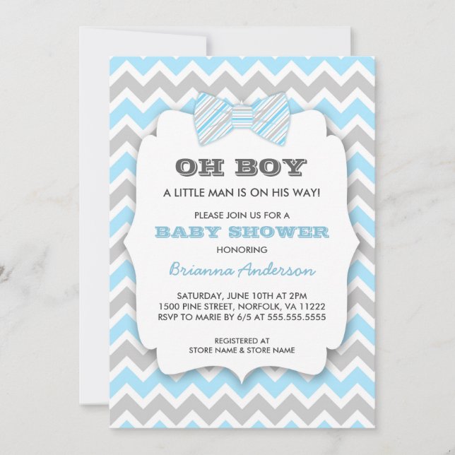 Invitación OH BOY Bowtie baby ducha / chevron gris azul (Anverso)