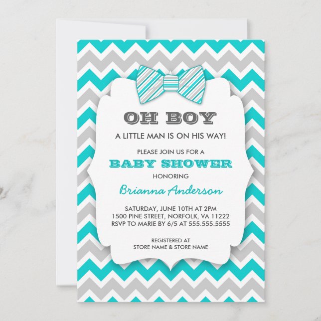 Invitación OH BOY Bowtie baby ducha / chevron gris turquesa (Anverso)