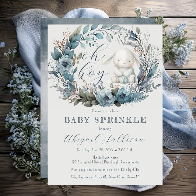 Invitación Oh Boy Bunny Rabbit Blue Floral Wreath Baby Shower ("Oh Boy" Bunny Rabbit and Blue Floral Wreath Boy Baby Sprinkle Invitation - Print | Digital)