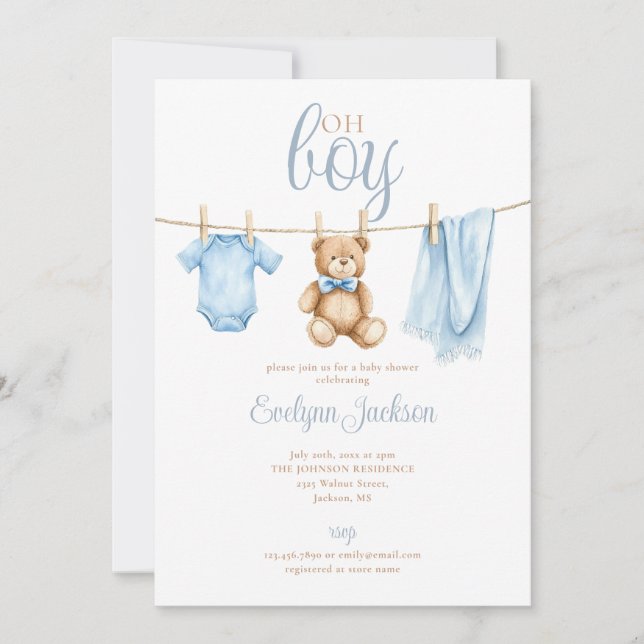 Invitación Oh Boy Clothesline Baby Shower All In One (Anverso)