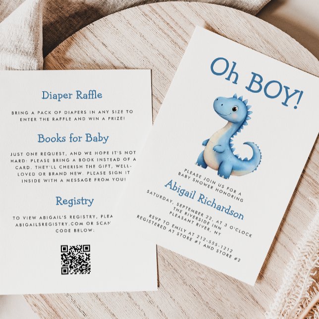 Invitación Oh Boy Cute Azul Dinosaurio QR Código Baby Shower (Subido por el creador)