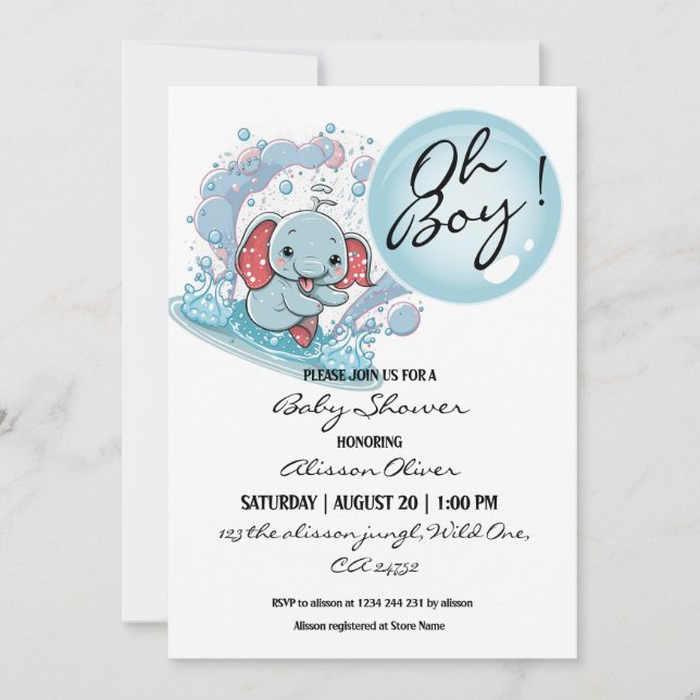 Invitación Oh Boy Cute bebé Elephant Blue Bubble Baby Shower (Anverso)