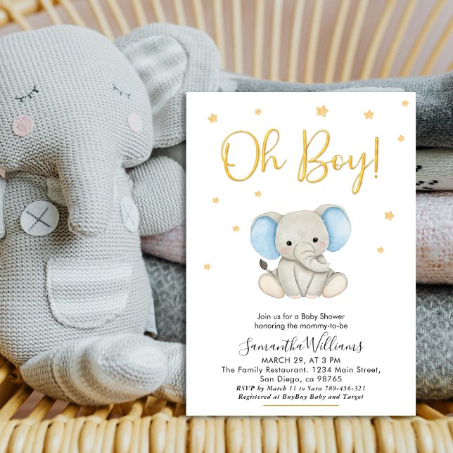 Invitación Oh Boy Cute Blue Baby Elephant Baby Shower (Subido por el creador)