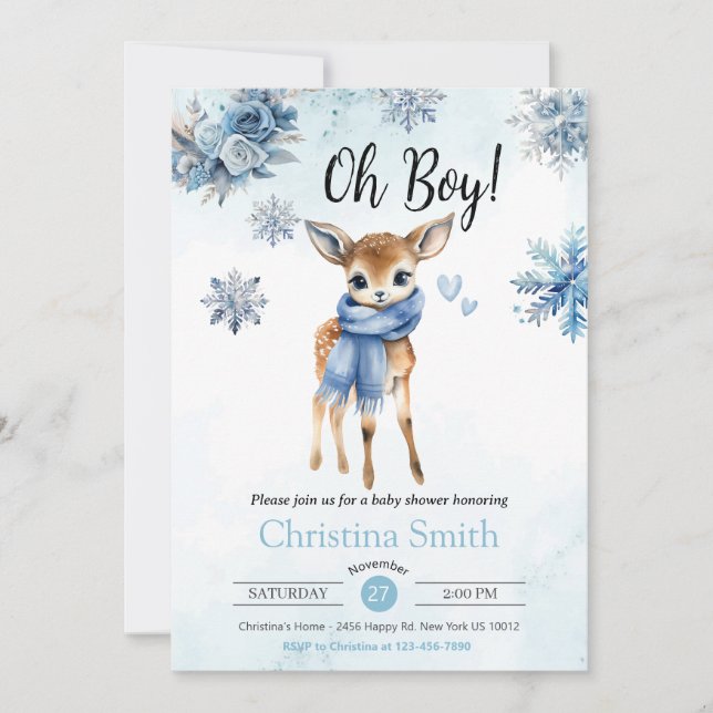 Invitación Oh Boy Cute Blue Deer Snowflake Baby Boy ducha (Anverso)