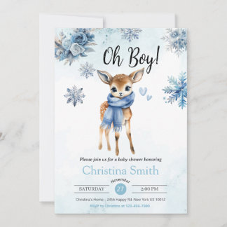 Invitación Oh Boy Cute Blue Deer Snowflake Baby Boy ducha