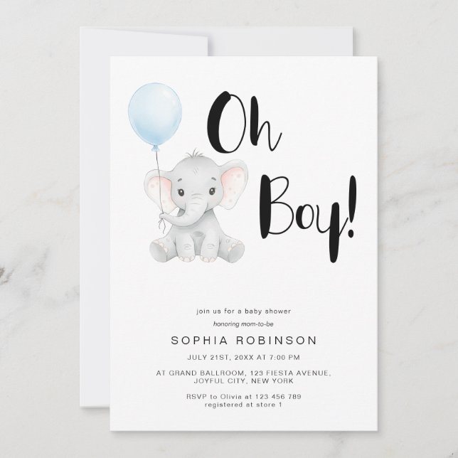 Invitación Oh Boy Cute Elephant Bold Typography Baby Shower (Anverso)