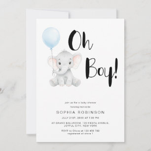 Invitación Oh Boy Cute Elephant Bold Typography Baby Shower