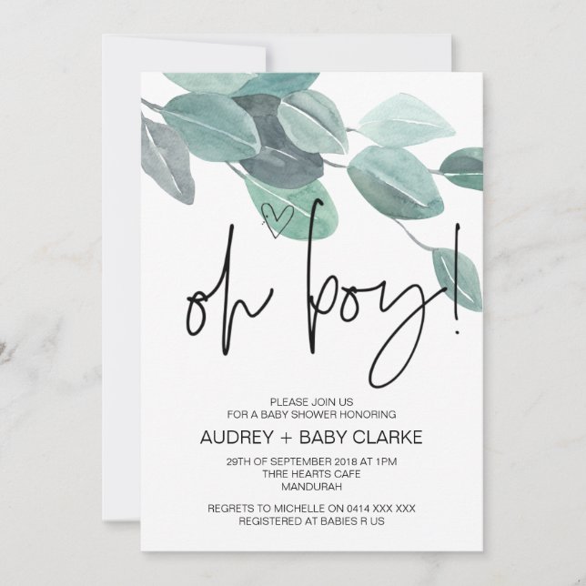 Invitación Oh Boy Cute Fiesta Baby Shower Green Eucalyptus (Anverso)