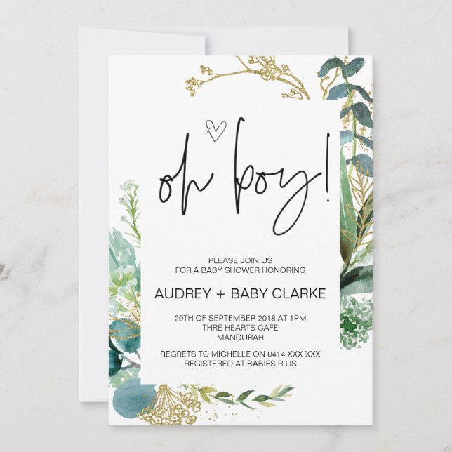 Invitación Oh Boy Cute Fiesta Baby Shower Green Eucalyptus In (Anverso)