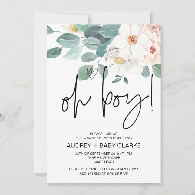 Invitación Oh Boy Cute Fiesta de Baby Shower Rubor Floral (Anverso)
