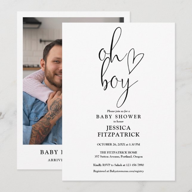 Invitación Oh Boy Cute Heart Script Foto Baby Shower (Anverso / Reverso)