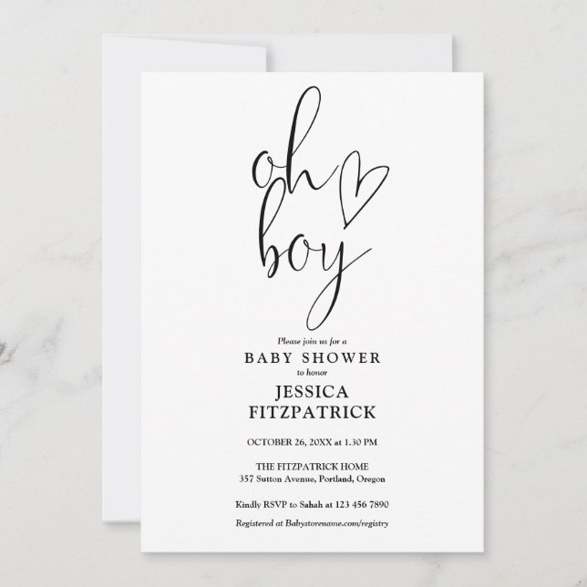 Invitación Oh Boy Cute Heart Script Todo En Un Baby Shower (Anverso)