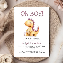 Invitación Oh Boy Cute Naranja Purple Dinosaur Baby Shower