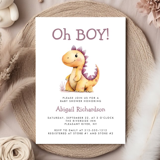 Invitación Oh Boy Cute Naranja Purple Dinosaur Baby Shower (Subido por el creador)