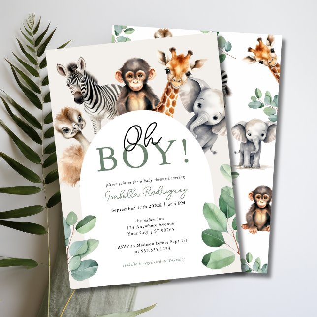 Invitación Oh Boy Cute Safari Animales Greenery Baby Shower (Oh Boy, Jungle Safari Baby Shower Invitation)