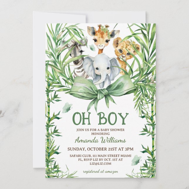 Invitación Oh Boy Cute Safari Animals Baby Shower (Anverso)