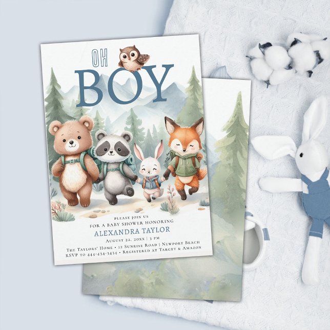 Invitación Oh Boy Cute Woodland Animal Hiper Boy Baby Shower (woodland baby shower invitation adventure mountain forest cute animals boy hiking watercolor)