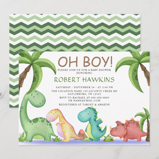 Invitación Oh Boy Dinosaur Baby Shower (Anverso / Reverso)
