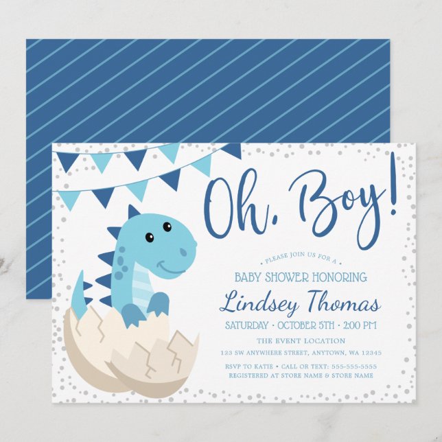 Invitación Oh Boy Dinosaur Marina Azul Baby Shower (Anverso / Reverso)