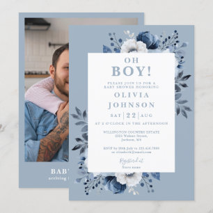 Invitación Oh Boy Dusty Blue Floral Foto Baby Shower