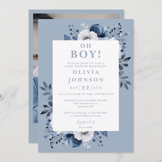 Invitación Oh Boy Dusty Blue Floral Photo Baby Shower (Anverso / Reverso)
