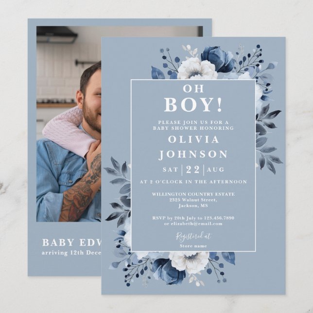 Invitación Oh Boy Dusty Blue Floral Photo QR Baby Shower (Anverso / Reverso)