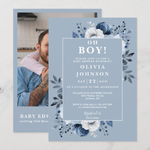 Invitación Oh Boy Dusty Blue Floral Photo QR Baby Shower