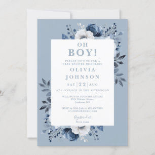 Invitación Oh Boy Dusty Blue Floral Todo En Uno Baby Shower