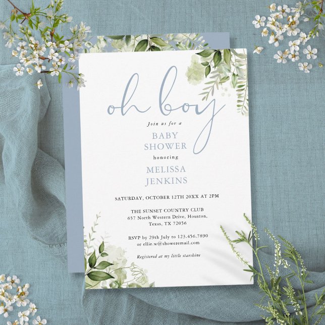 Invitación Oh Boy Dusty Blue Greenery Baby Shower (Oh Boy Dusty Blue Greenery Baby Shower Invitation)