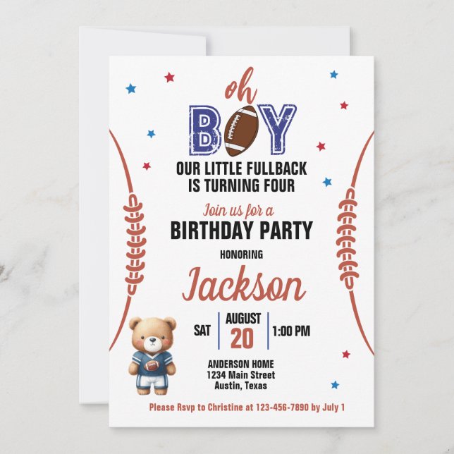 Invitación Oh Boy El Tema Del Fútbol Cualquier Cumpleaños De  (Anverso)