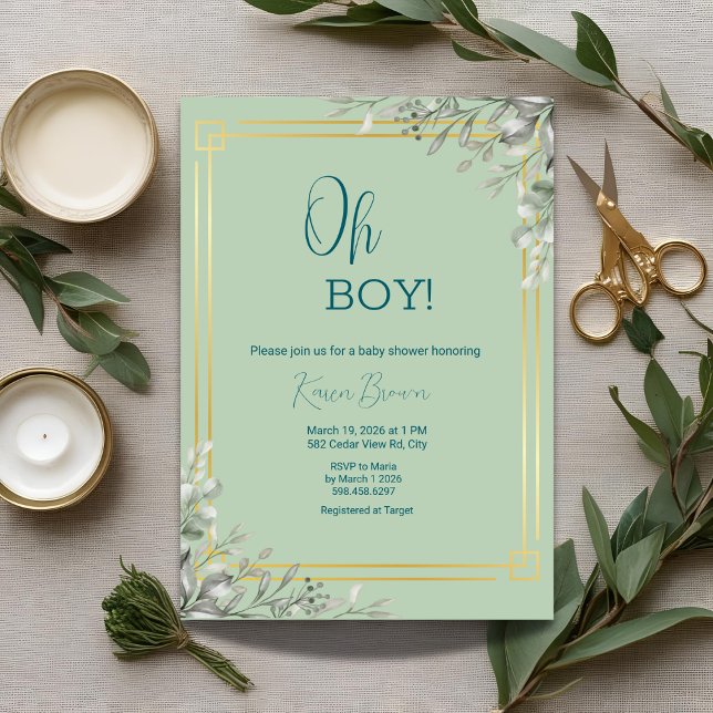 Invitación Oh Boy Elegant Greenery & Gold Baby Shower (Subido por el creador)