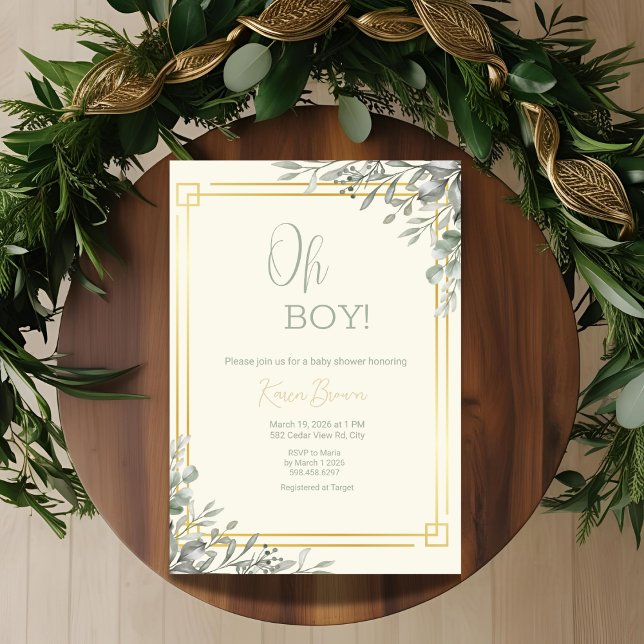 Invitación Oh Boy Elegant Greenery & Gold Baby Shower (Subido por el creador)