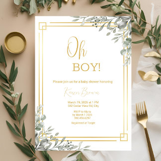 Invitación Oh Boy Elegant Greenery & Gold Baby Shower