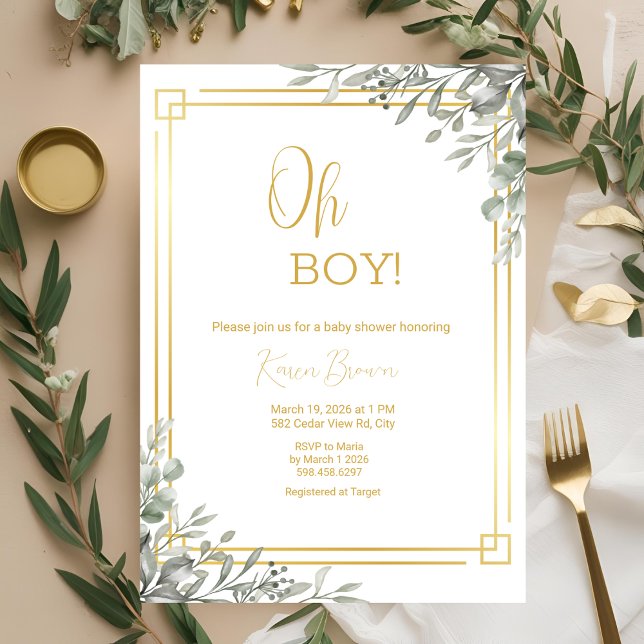 Invitación Oh Boy Elegant Greenery & Gold Baby Shower (Subido por el creador)