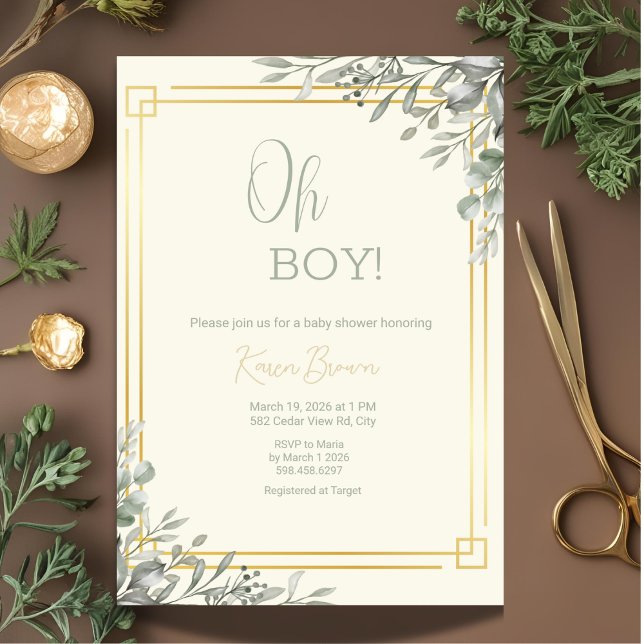 Invitación Oh Boy Elegant Greenery & Gold Baby Shower (Subido por el creador)