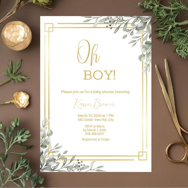 Invitación Oh Boy Elegant Greenery & Gold Baby Shower (Subido por el creador)