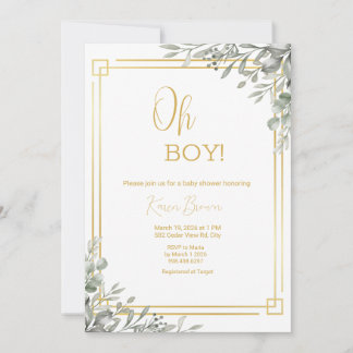 Invitación Oh Boy Elegant Greenery & Gold Baby Shower