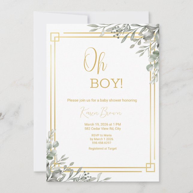 Invitación Oh Boy Elegant Greenery & Gold Baby Shower (Anverso)