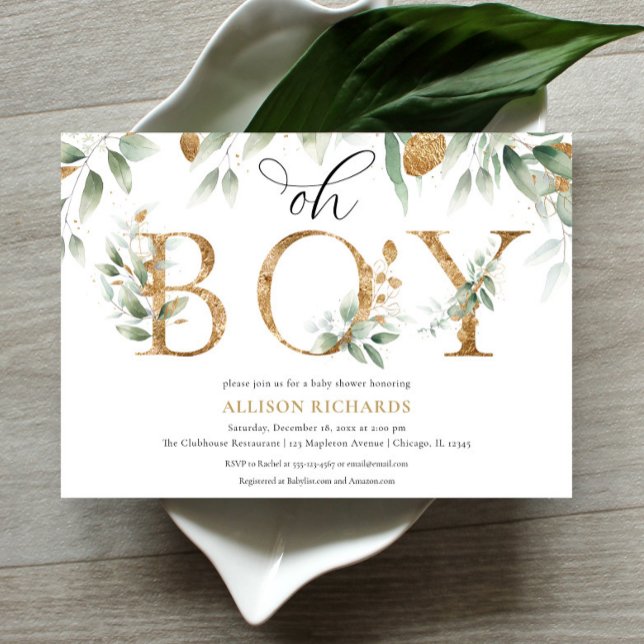 Invitación Oh Boy elegante vegetación simple dorada bebé duch (Subido por el creador)