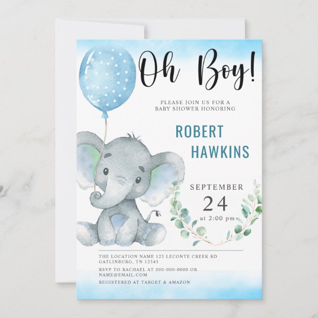 Invitación Oh Boy Elephant Baby Shower (Anverso)