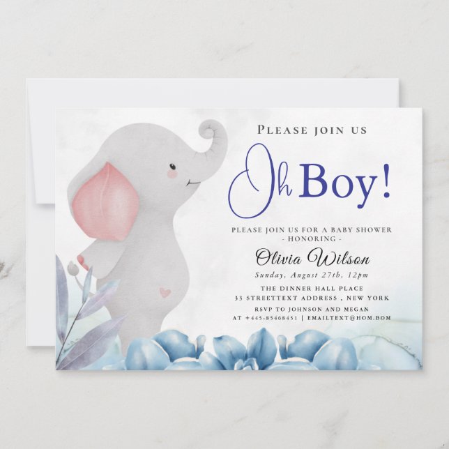 Invitación Oh Boy Elephant Baby Shower Invitation (Anverso)