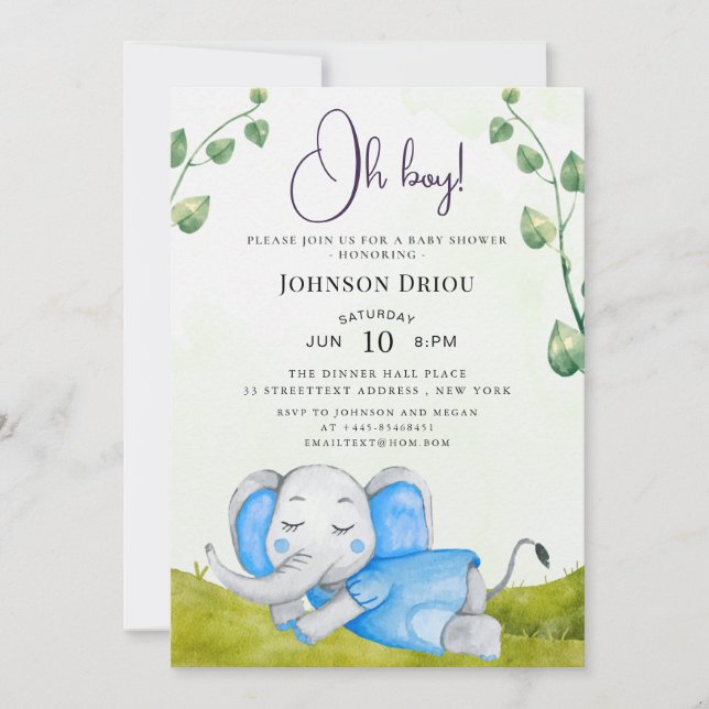 Invitación Oh Boy Elephant Baby Shower Invitation (Anverso)