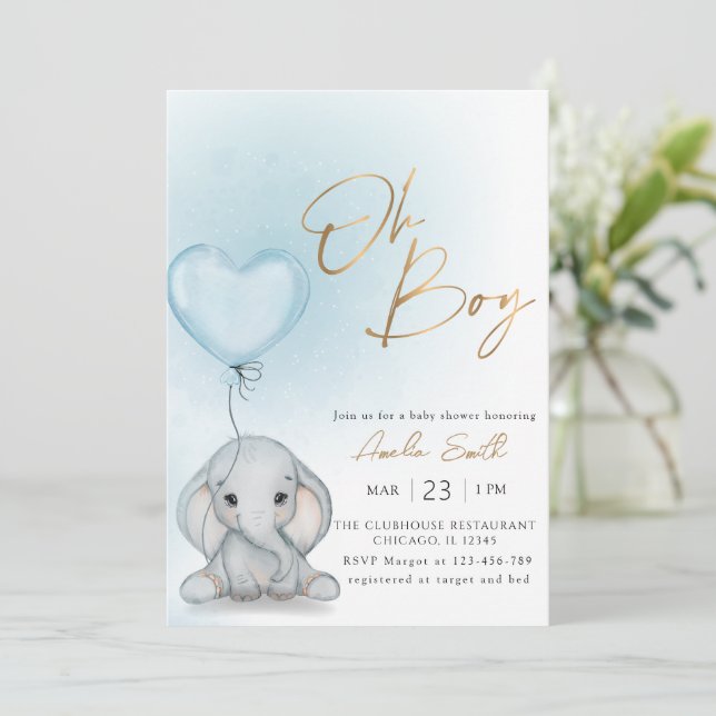 Invitación Oh Boy Elephant Blue Balloon boy Baby Shower (Anverso de pie)