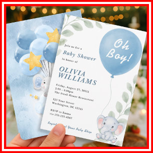Invitación Oh Boy Elephant Eucalyptus Balloon Baby Shower