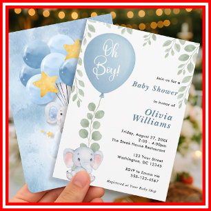 Invitación Oh Boy Elephant Eucalyptus Balloon Baby Shower