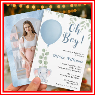 Invitación Oh Boy Elephant Eucalyptus Blue Balloon FOTO
