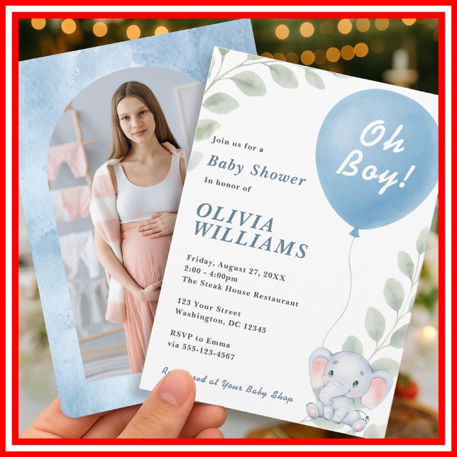 Invitación Oh Boy Elephant Eucalyptus Blue Balloon PHOTO (Subido por el creador)