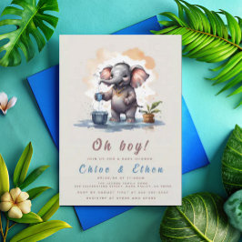Invitación Oh Boy Elephant Rustic Gold Blue Baby Shower