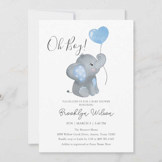Invitación Oh Boy Elephant Watercolor Baby Shower (Anverso)